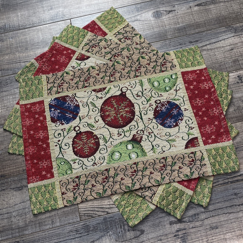 Set of 4 Christmas Ball Ornaments Tapestry Placemats